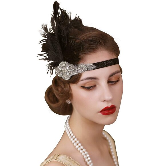 1920s Headpiece Flapper Headband Rhinestone Feather Great Gatsby Accessories